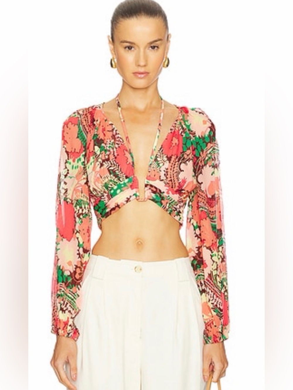 A.L.C. Dorian Floral Tie-Neck Long-Sleeve Crop Top - Bronze and Agave Multi Sz 6